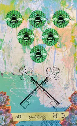 Six of Pentacles card from the Journey Of The Sacred Bee Tarot deck