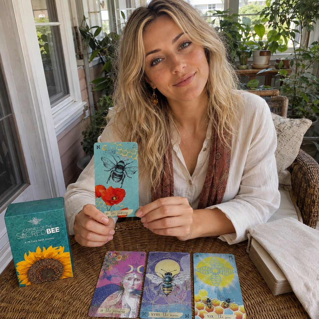 Aurica presenting The Journey card from Journey of the Sacred Bee Tarot beside its box, spread, and stacked deck