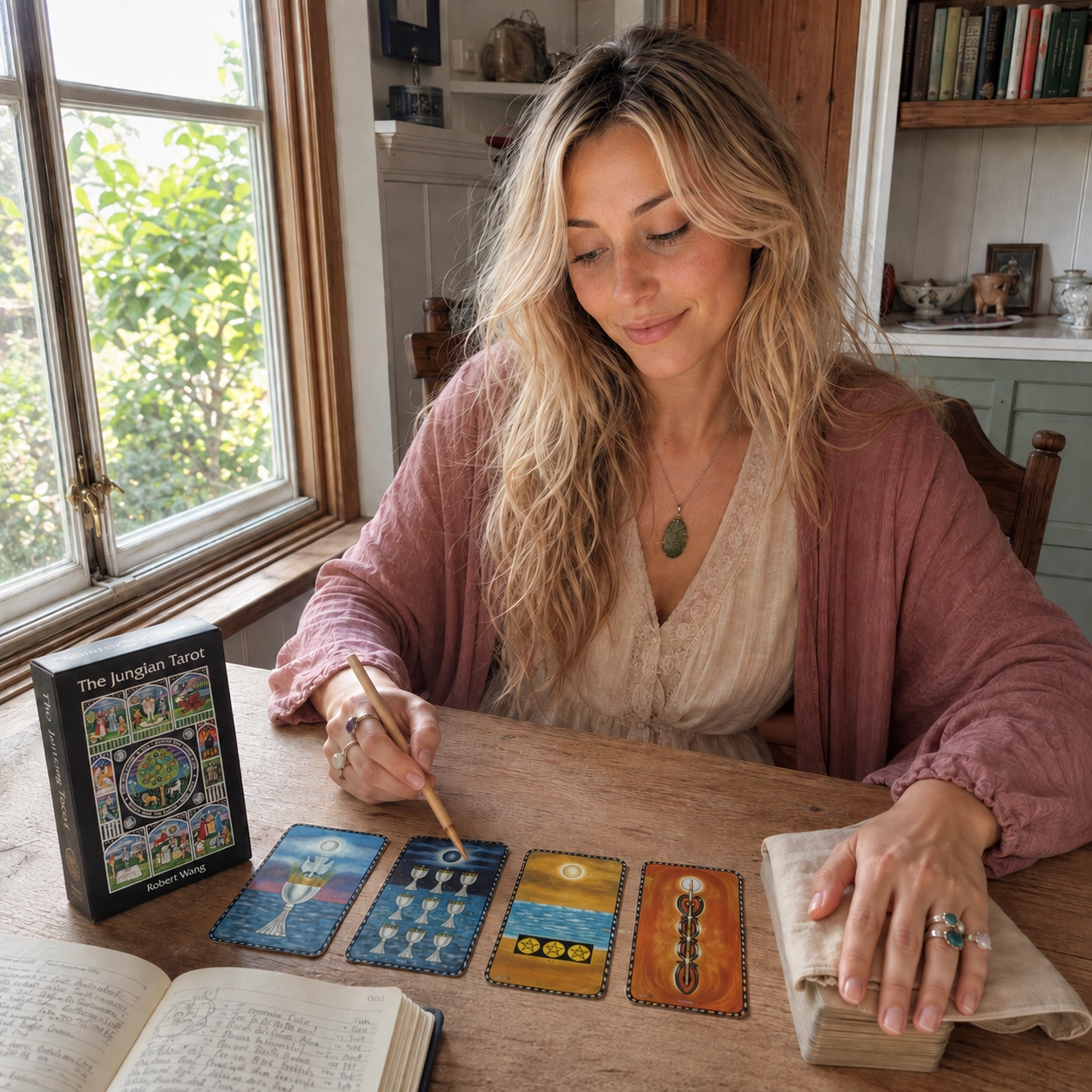 Aurica journaling with The Jungian Tarot beside its exact box, four face-up cards, and a covered stacked deck