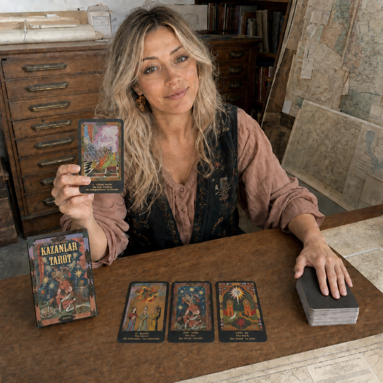 Aurica presenting the High Priestess from Kazanlar Tarot beside its box, three-card spread, and stacked deck