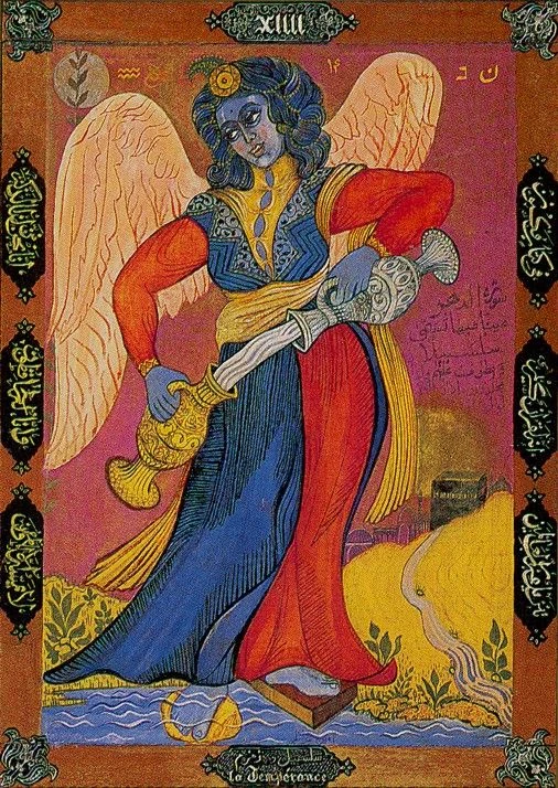 Kazanlar Tarot Review 77 Arcanum Without a Name XIII from the Kazanlar Tarot, showing a winged blue-skinned figure holding a curved blade and vessel