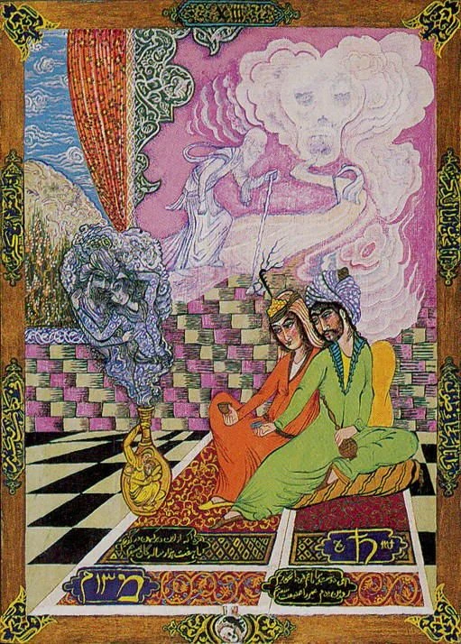 Kazanlar Tarot Review 82 The High Priestess from the Kazanlar Tarot, with a seated pair, tiled wall, fountain and pale apparition