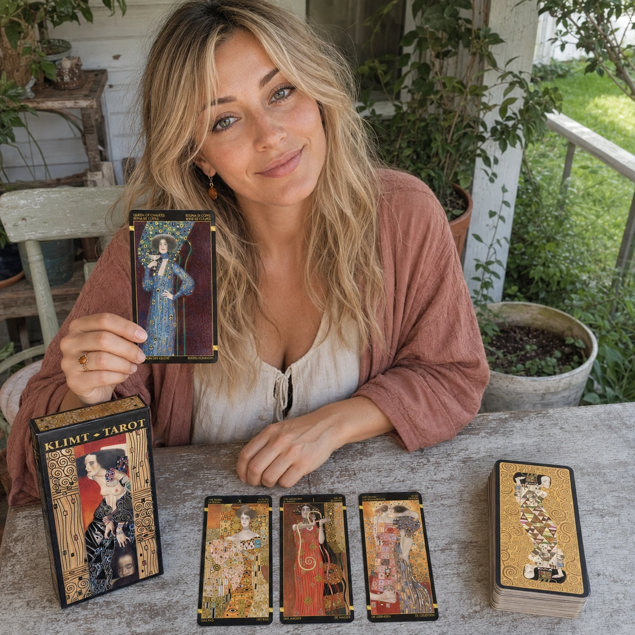 Aurica presenting the Queen of Chalices from Klimt Tarot beside a three-card spread, the deck box and stacked cards
