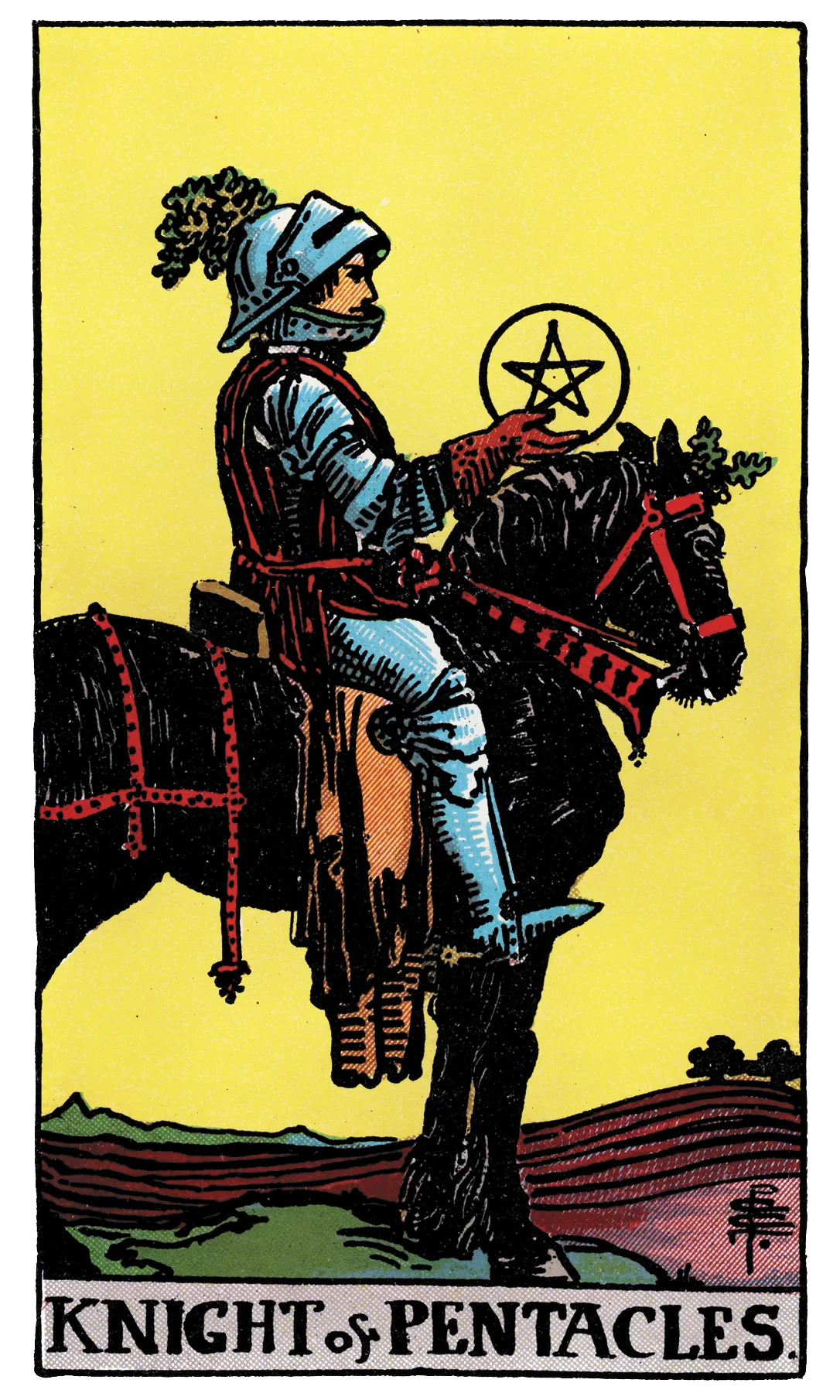 Knight of Pentacles card from the Rider-Waite-Smith Tarot deck by Rider
