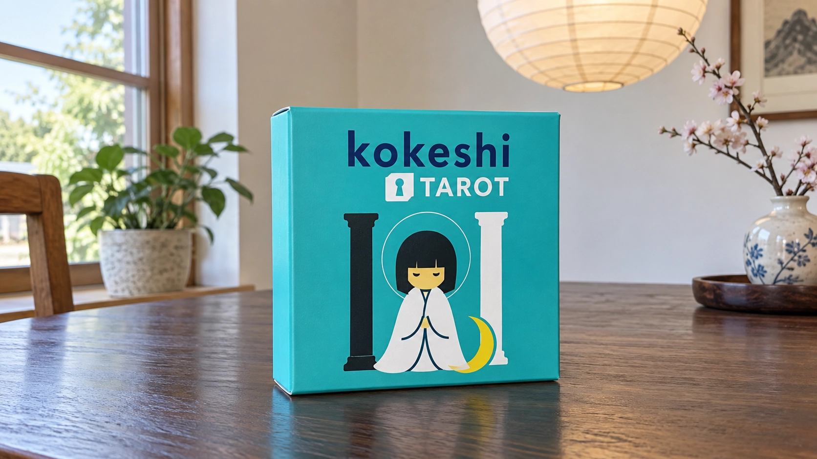 Kokeshi Tarot Deck by Kokeshi Dolls in a naturally lit reading room