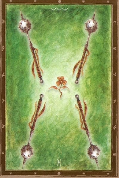 4 of Wands from The Labyrinth Tarot by Luis Royo