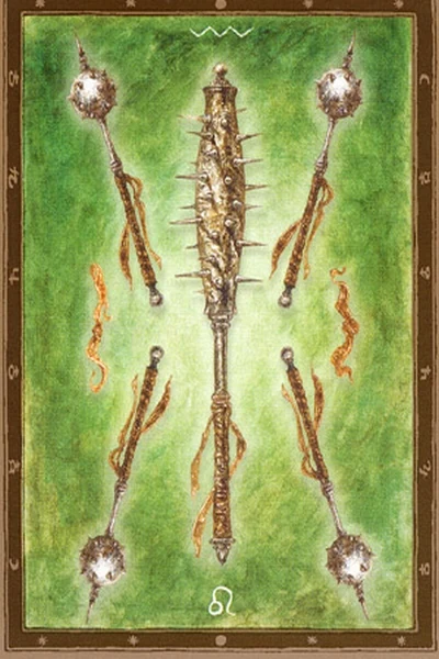 5 of Wands from The Labyrinth Tarot by Luis Royo
