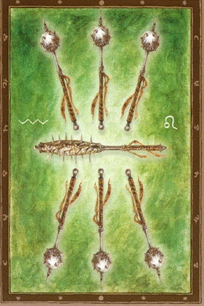 7 of Wands from The Labyrinth Tarot by Luis Royo