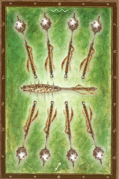 9 of Wands from The Labyrinth Tarot by Luis Royo