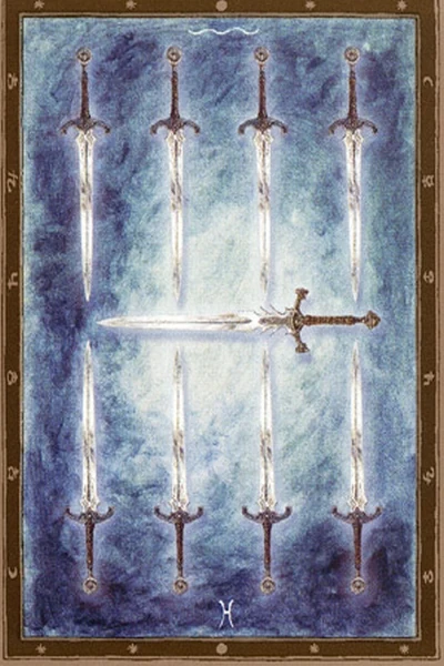 9 of Spades from The Labyrinth Tarot by Luis Royo