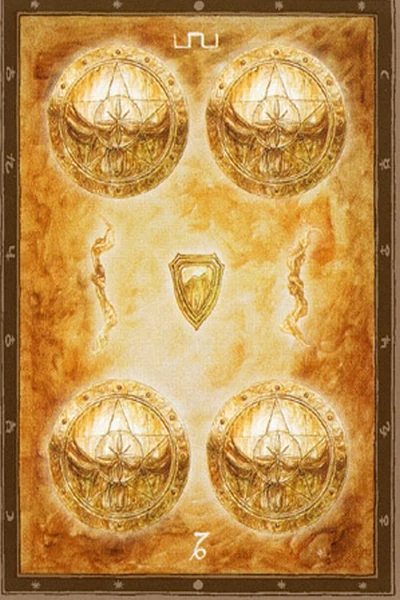 4 of Pentacles from The Labyrinth Tarot by Luis Royo