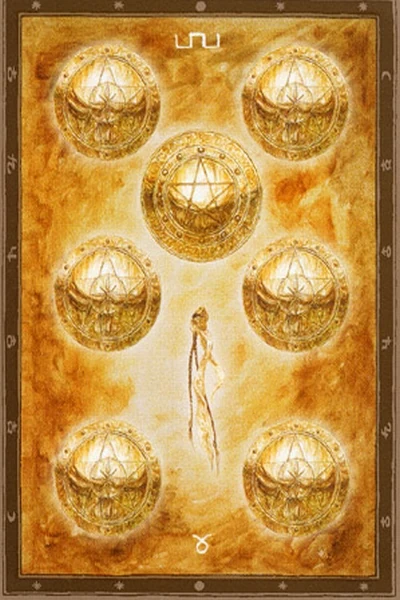7 of Pentacles from The Labyrinth Tarot by Luis Royo