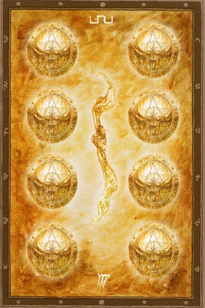8 of Pentacles from The Labyrinth Tarot by Luis Royo