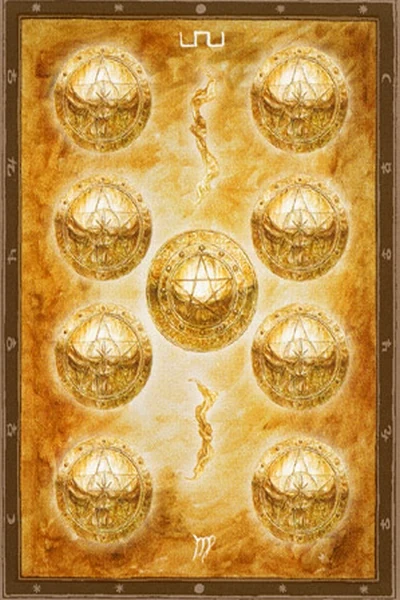 9 of Pentacles from The Labyrinth Tarot by Luis Royo