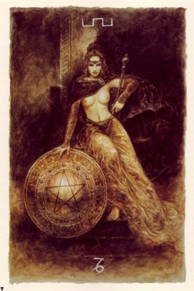 Queen of Pentacles from The Labyrinth Tarot by Luis Royo