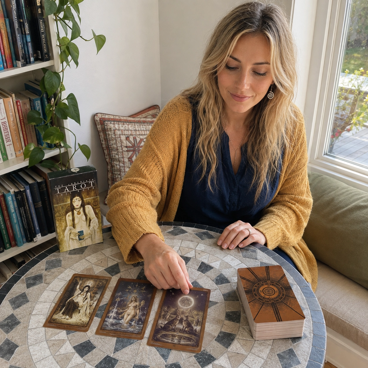 Aurica placing The Moon in a Labyrinth Tarot spread beside the boxed deck and stacked remainder cards
