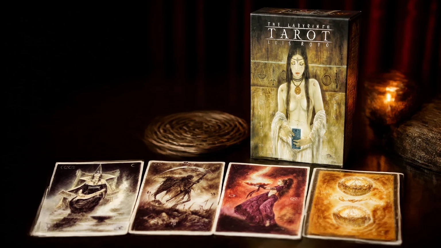 The Labyrinth Tarot by Luis Royo in a dark reading-table scene