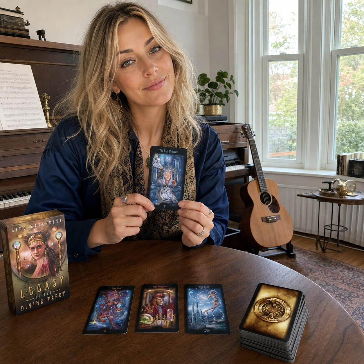 Aurica presenting The High Priestess from Legacy of the Divine Tarot beside The Fool, The Magician, The Star, the deck box, and stacked cards