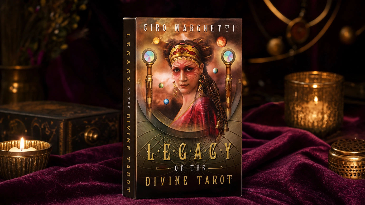 Legacy of the Divine Tarot product box lifestyle image Legacy of the Divine Tarot deck box on a plum velvet tarot table