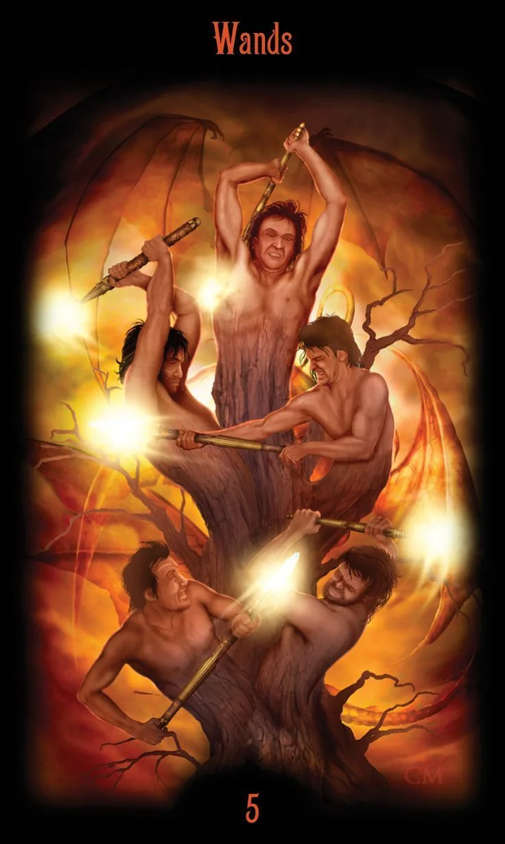 Legacy of The Divine Tarot Review 13 5 of Wands card from the Legacy of the Divine Tarot deck