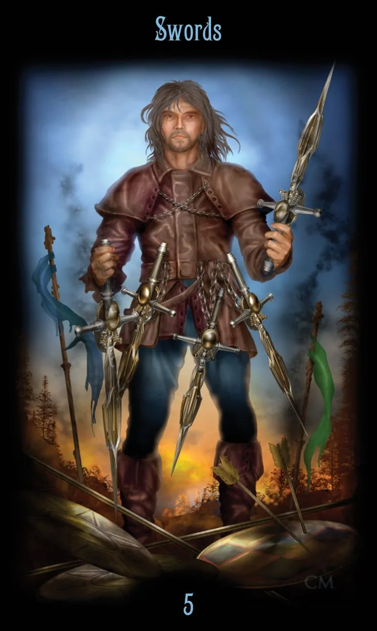 5 of Swords card from the Legacy of the Divine Tarot deck
