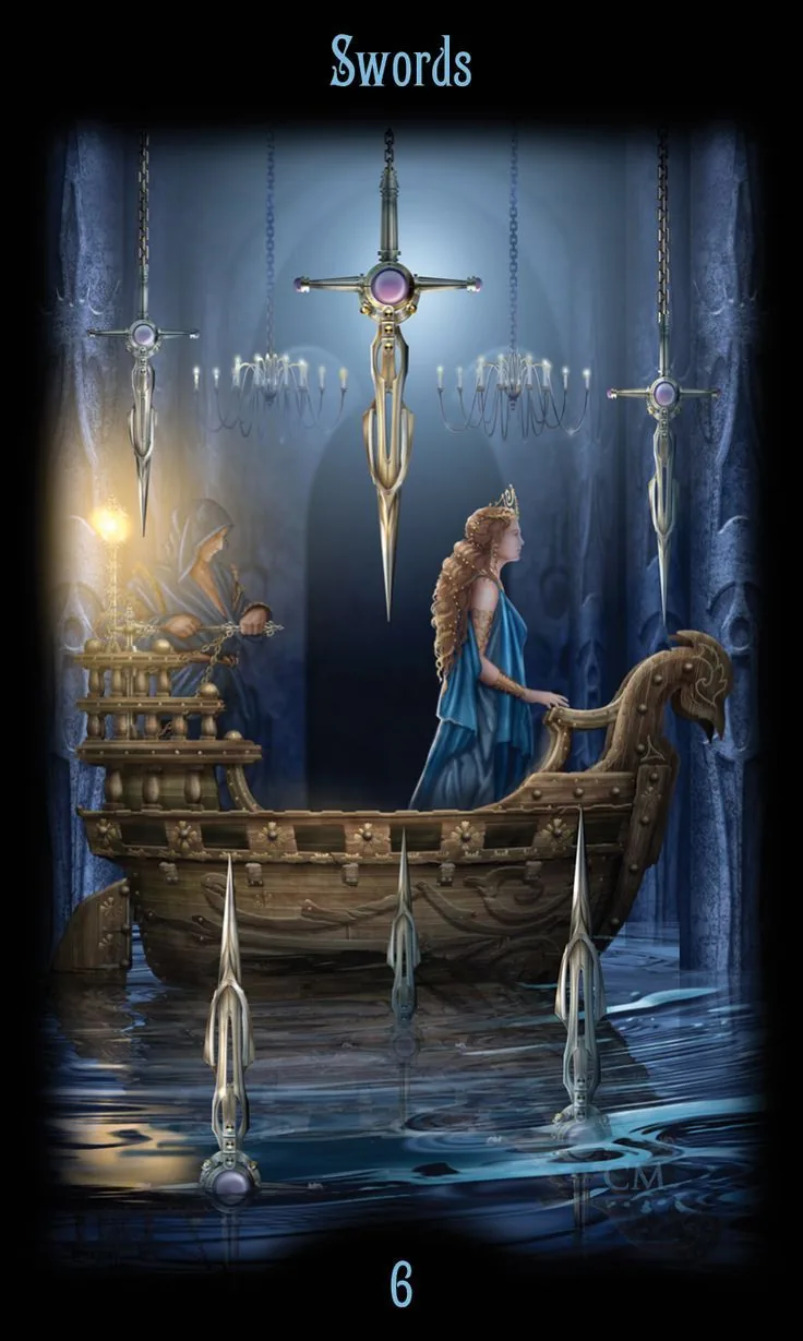 6 of Swords card from the Legacy of the Divine Tarot deck