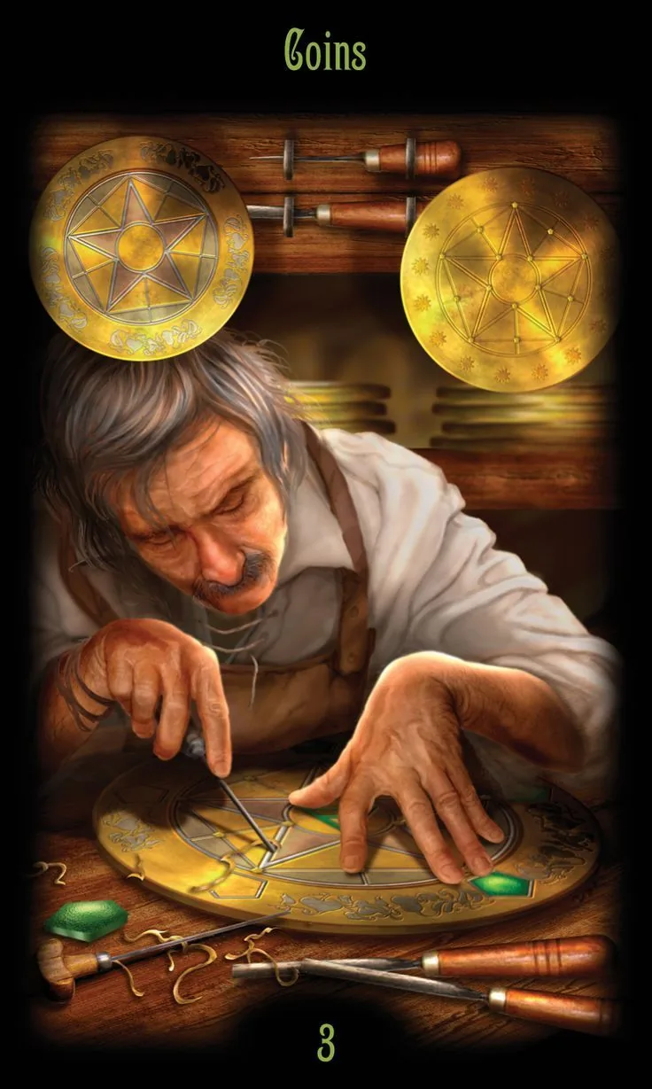 3 of Coins card from the Legacy of the Divine Tarot deck