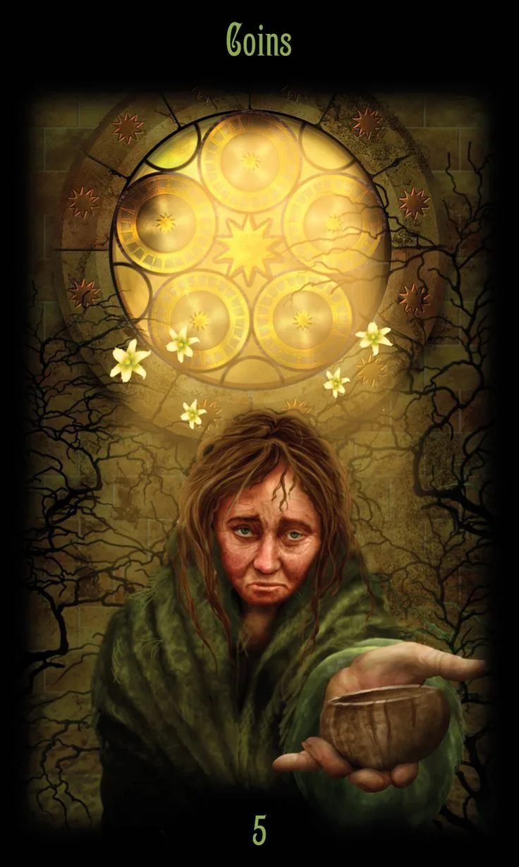 5 of Coins card from the Legacy of the Divine Tarot deck