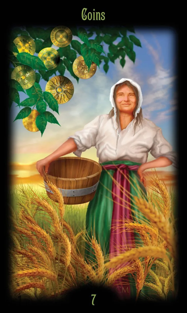 7 of Coins card from the Legacy of the Divine Tarot deck