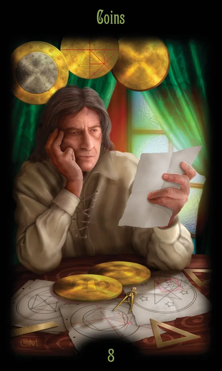 8 of Coins card from the Legacy of the Divine Tarot deck