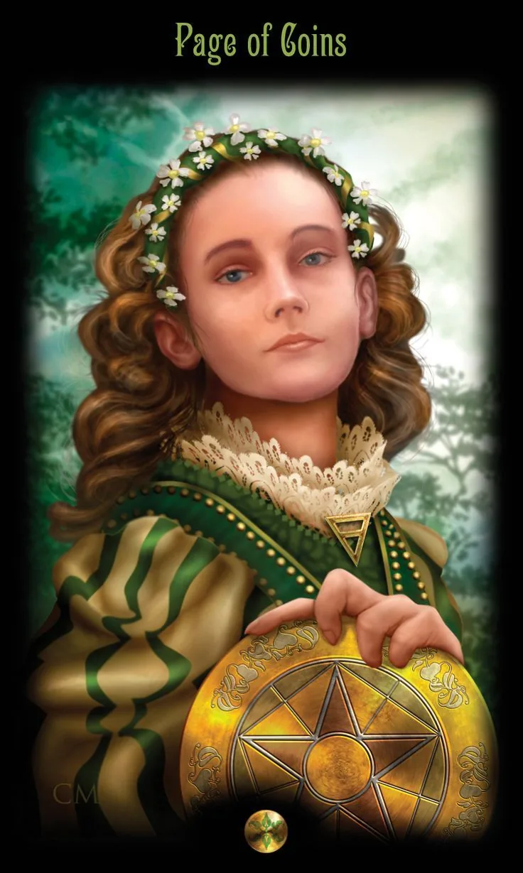 Page of Coins card from the Legacy of the Divine Tarot deck