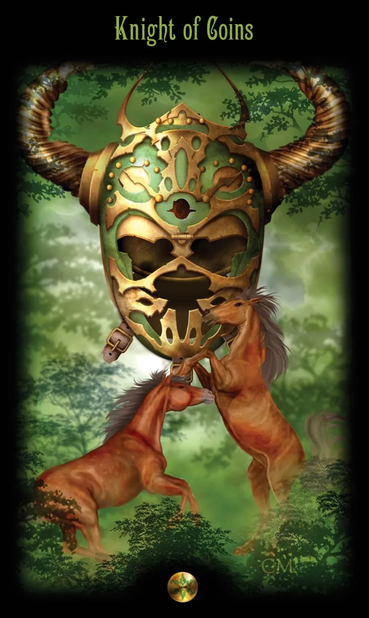 Knight of Coins card from the Legacy of the Divine Tarot deck