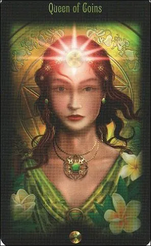 Queen of Coins card from the Legacy of the Divine Tarot deck