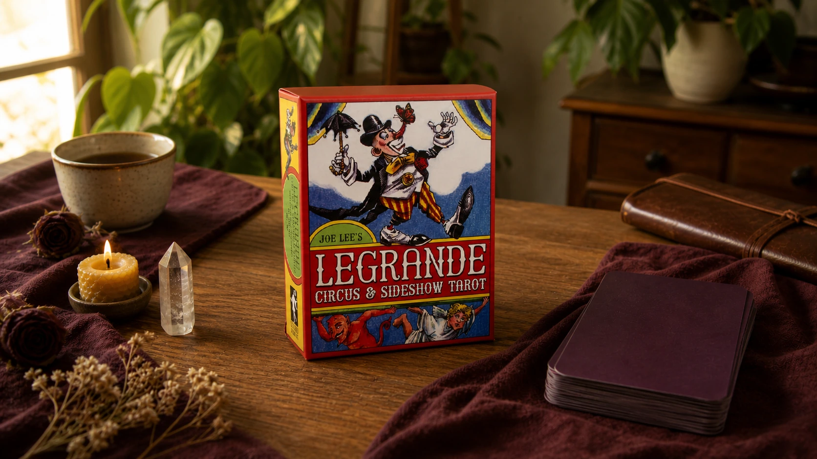 Generated LeGrande Circus Sideshow Tarot Deck by Joe Lee in a warm home reading scene