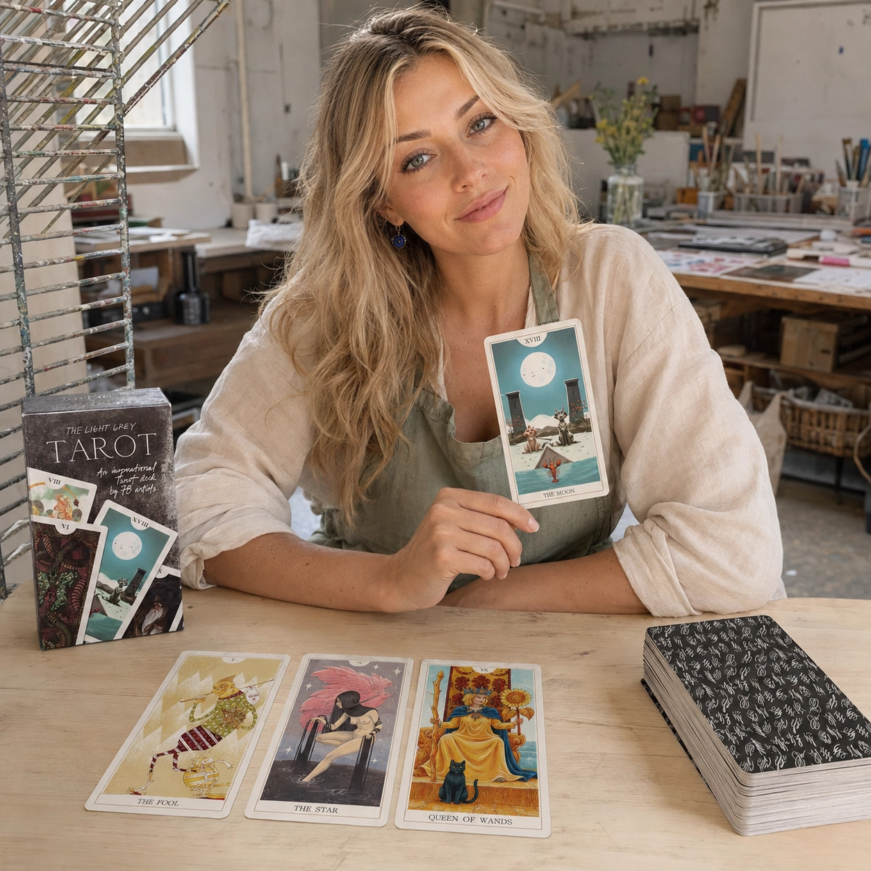 Aurica holding The Moon while reading with the Light Grey Tarot box, spread, and stacked deck