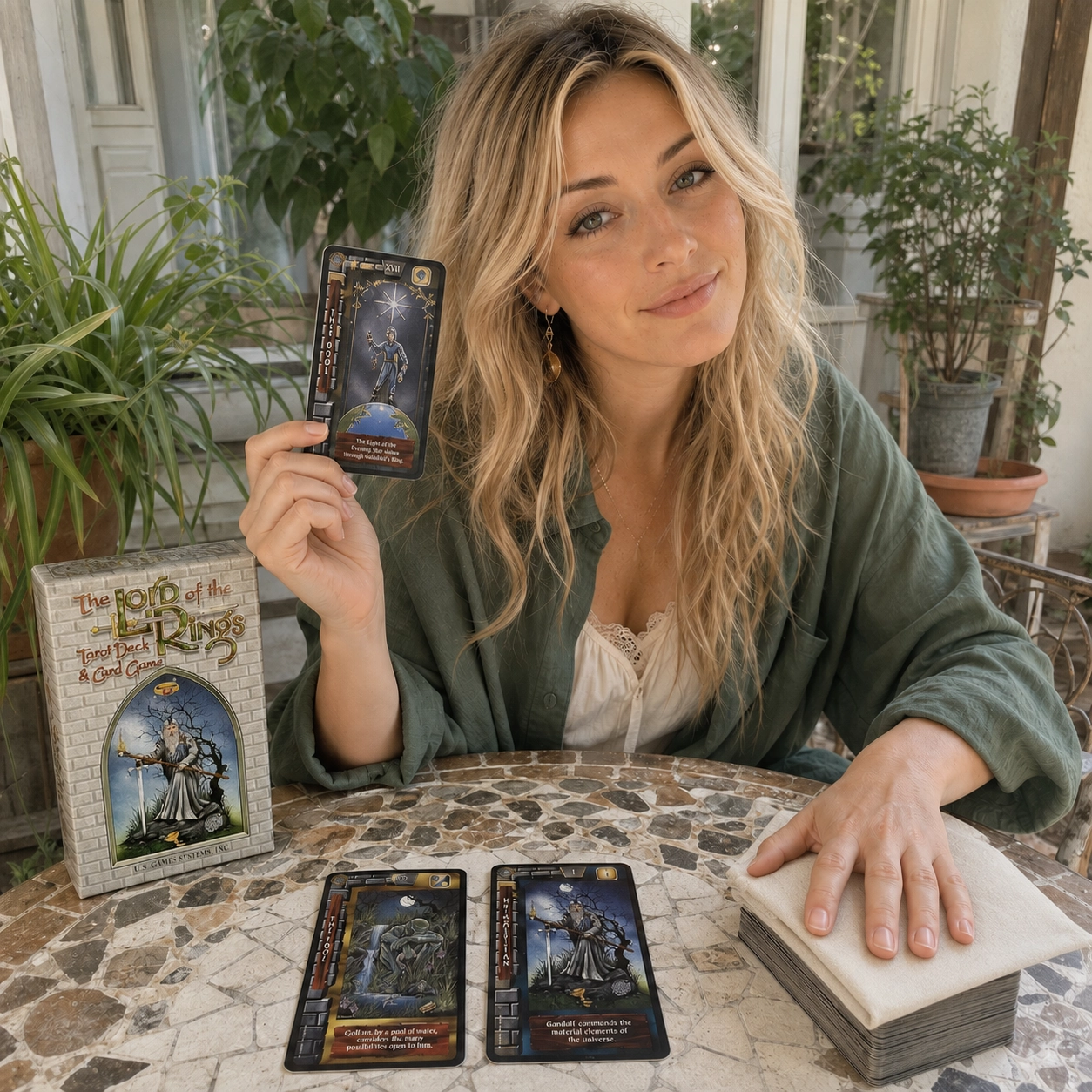 Aurica presenting The Star from the Lord of the Rings Tarot beside the deck box, spread and stacked cards
