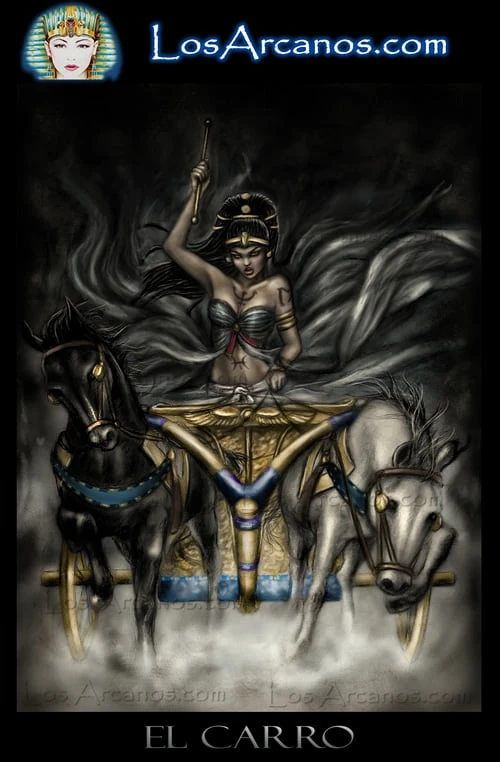 The Chariot (El Carro) card from the Los Arcanos Tarot deck