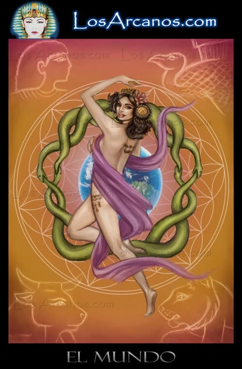The World (El Mundo) card from the Los Arcanos Tarot deck