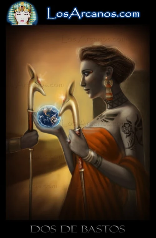 Two of Wands (Dos de Bastos) card from the Los Arcanos Tarot deck