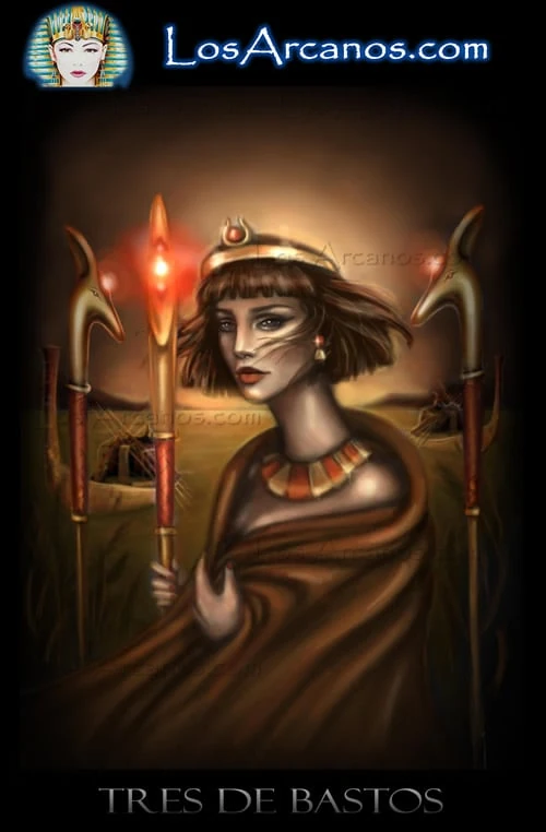 Three of Wands (Tres de Bastos) card from the Los Arcanos Tarot deck