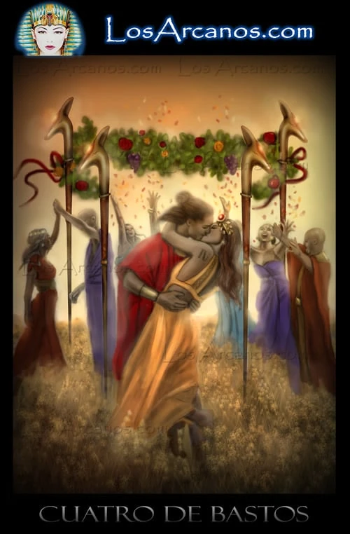 Four of Wands (Cuatro de Bastos) card from the Los Arcanos Tarot deck