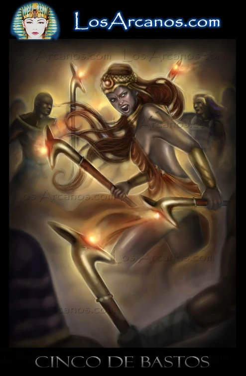 Five of Wands (Cinco de Bastos) card from the Los Arcanos Tarot deck