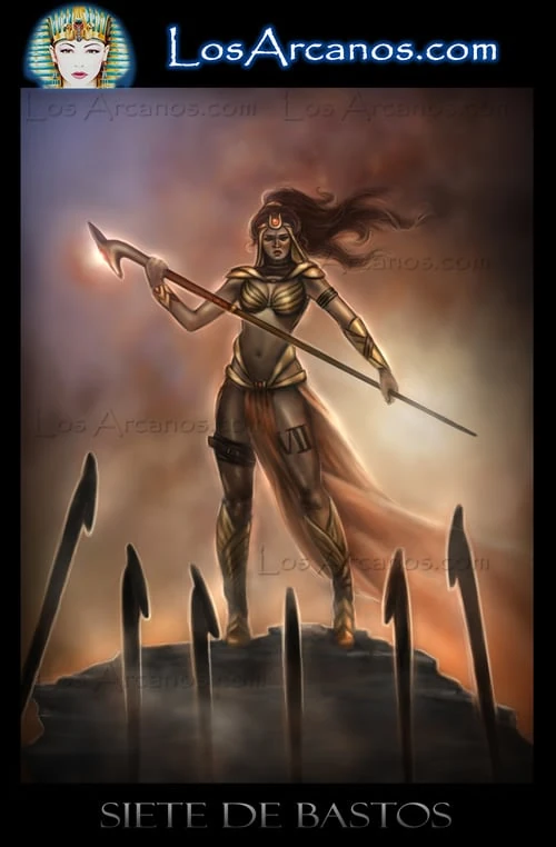Seven of Wands (Siete de Bastos) card from the Los Arcanos Tarot deck
