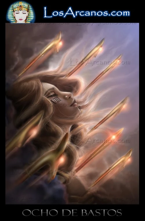 Eight of Wands (Ocho de Bastos) card from the Los Arcanos Tarot deck