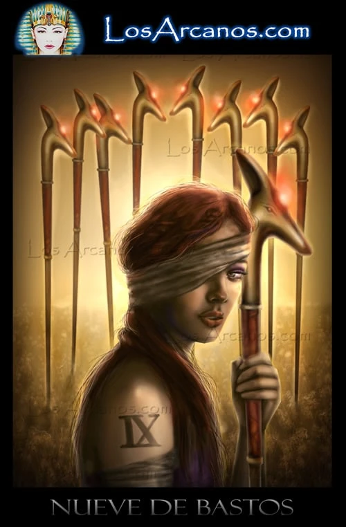 Nine of Wands (Nueve de Bastos) card from the Los Arcanos Tarot deck