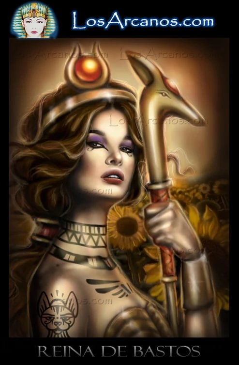 Queen of Wands (Reina de Bastos) card from the Los Arcanos Tarot deck