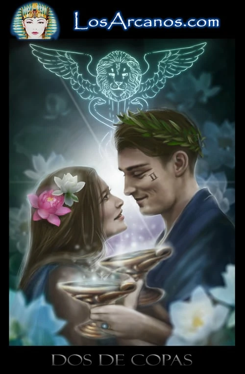 Two of Cups (Dos de Copas) card from the Los Arcanos Tarot deck