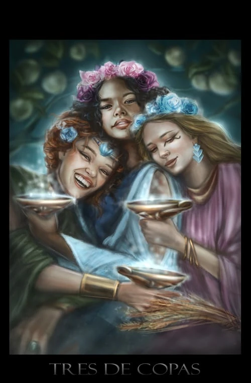 Three of Cups (Tres de Copas) card from the Los Arcanos Tarot deck