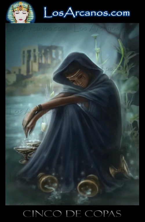 Five of Cups (Cinco de Copas) card from the Los Arcanos Tarot deck