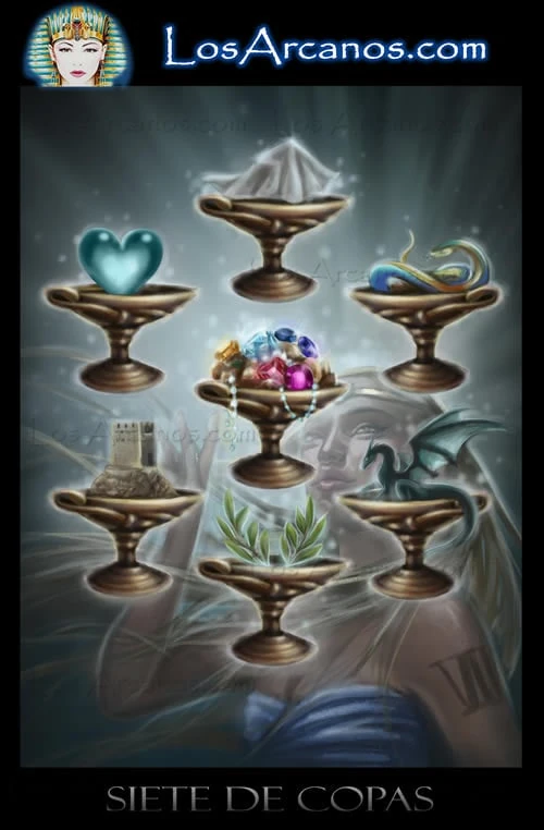 Seven of Cups (Siete de Copas) card from the Los Arcanos Tarot deck
